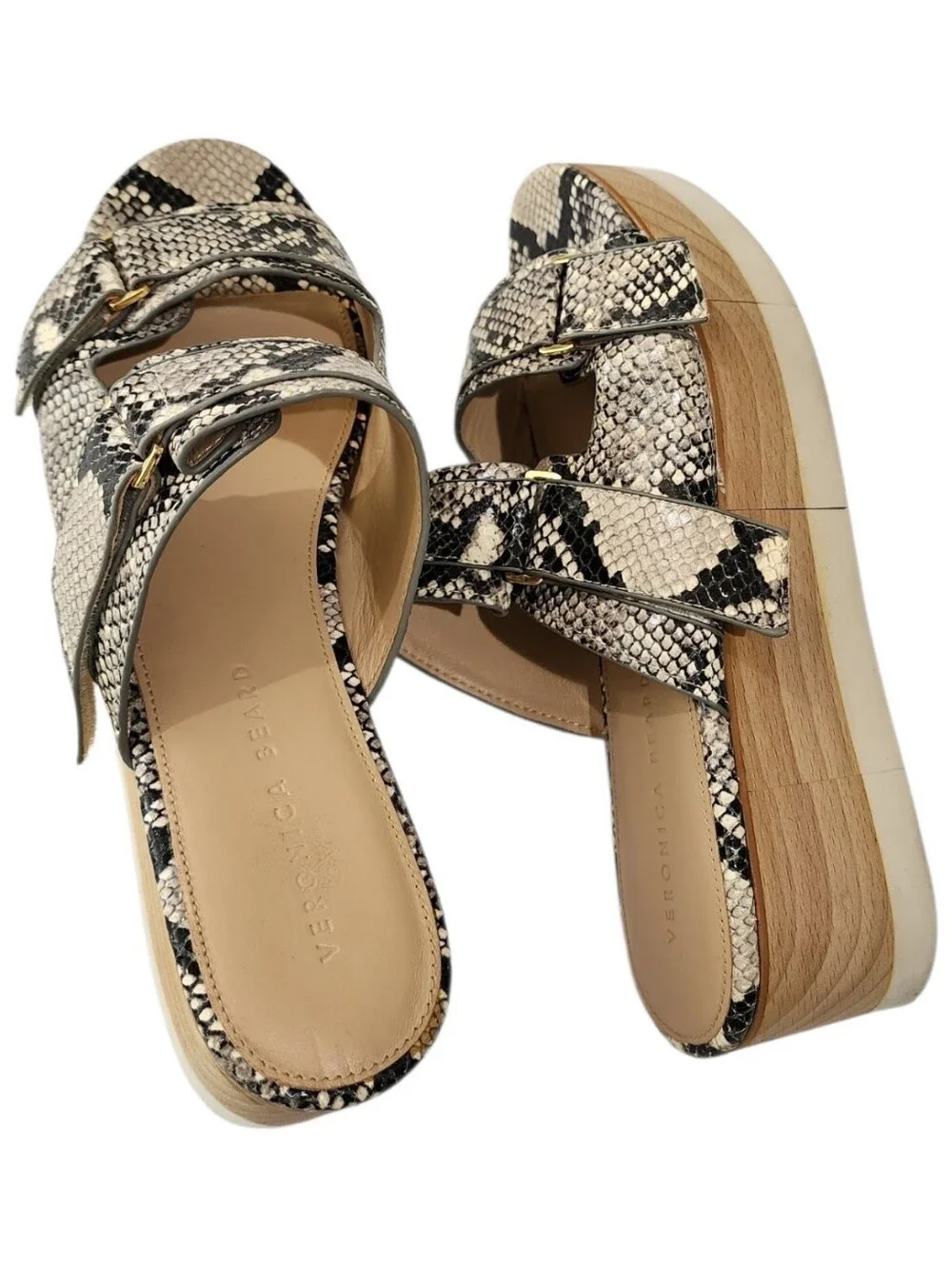 Veronica Beard Snakeskin Platform Slide Sandals Black Cream Flatform Size 10M